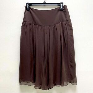 Brown Tartan silk pleated drop waist skirt. Fully lined, side zip, hook. SzS.